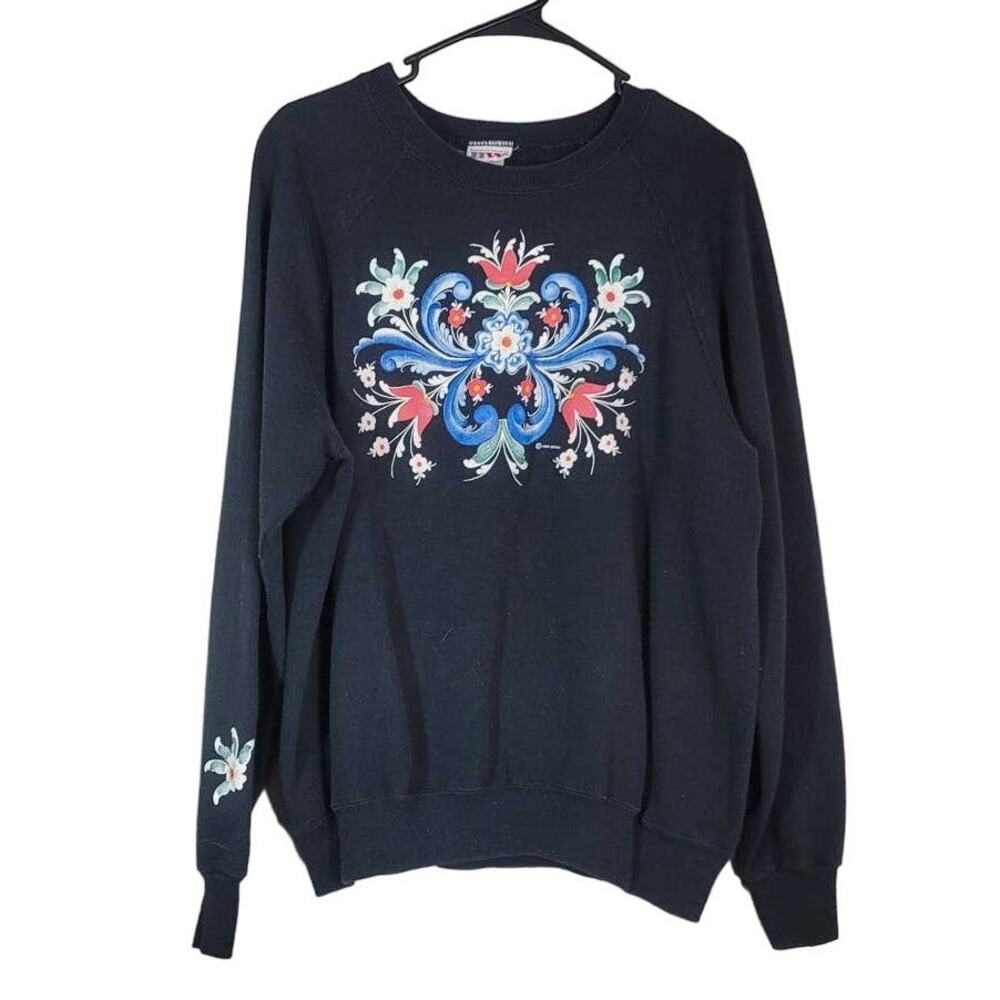 Vintage BW Bassett Walker‎ Crewneck Sweatshirt Black Floral Print Size XL